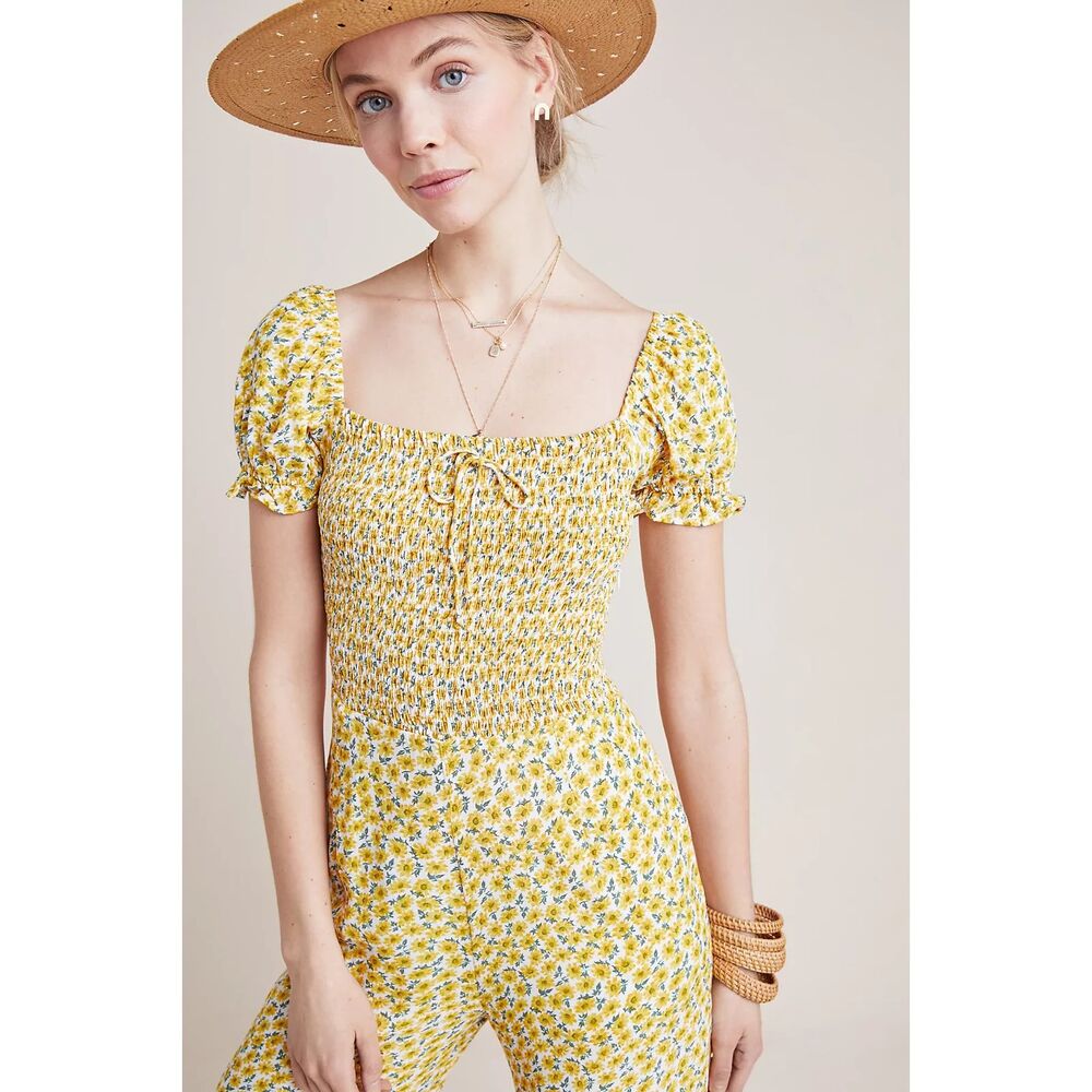Faithfull the Brand Laszlo Sunflower Print Square Neck Smocked Jumpsuit Size S